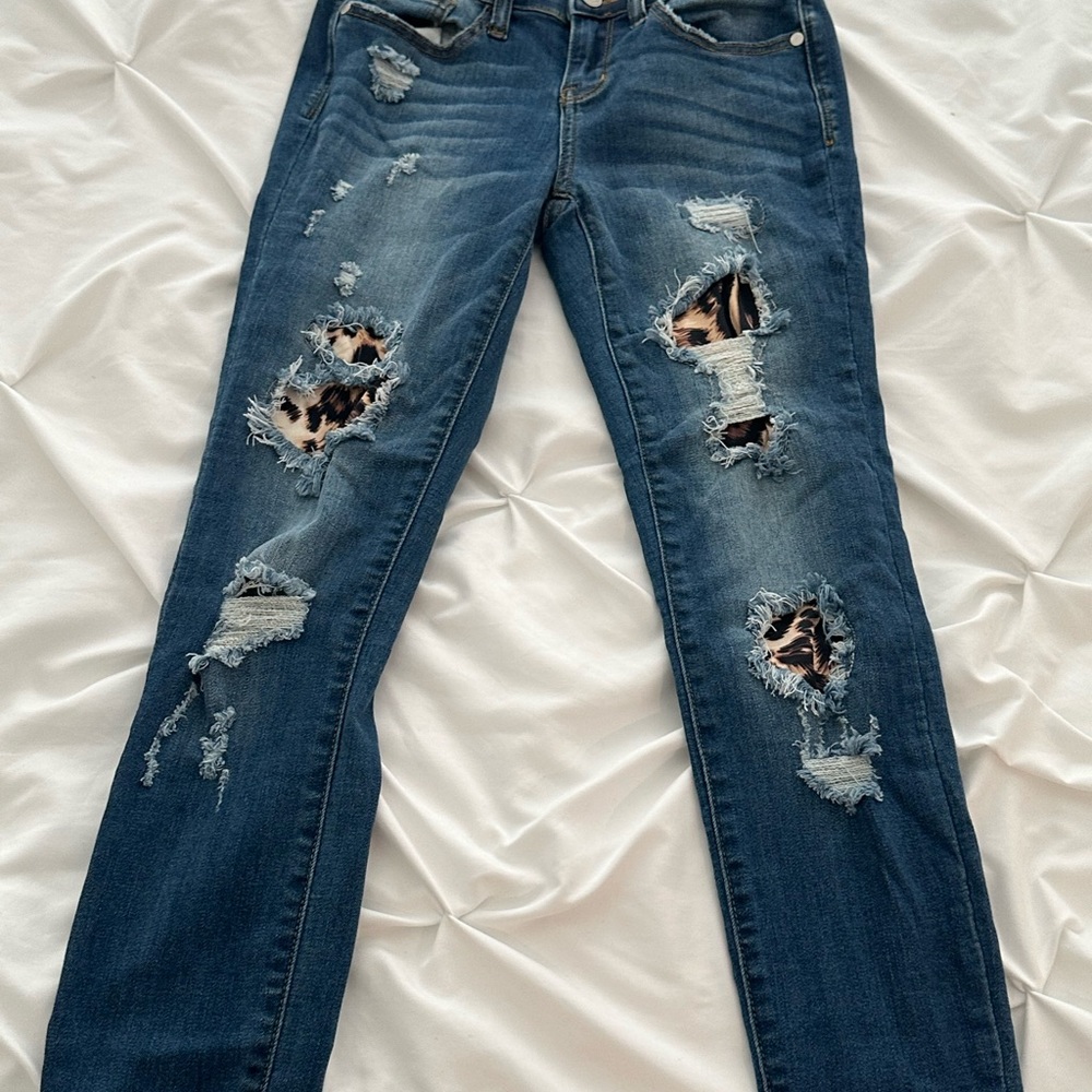 Distressed Jeans With Leopard Print Patch - image 2